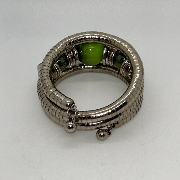 Silver-Tone & Green Acrylic Bead Memory Wire Bracelet Adjustable Wrap Style - Picture 10 of 10